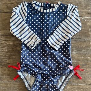 Ruffle Butts Navy & White Polka Dot One-Piece with Red Ties